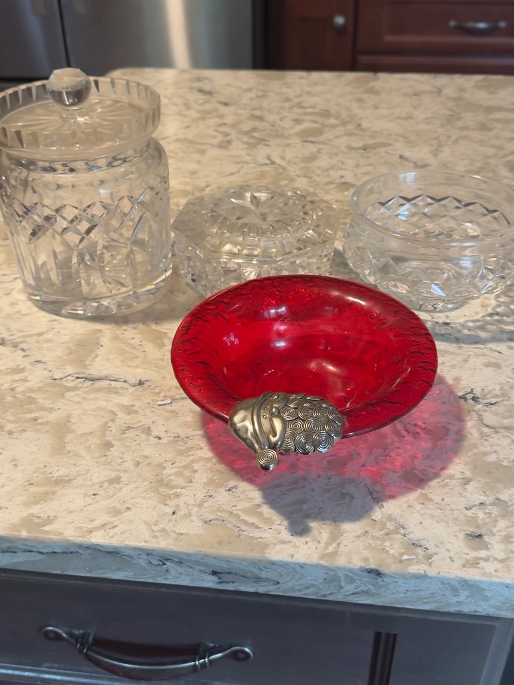 Red Glass Decorative Bowl with Brass Ram Accent - Home Art